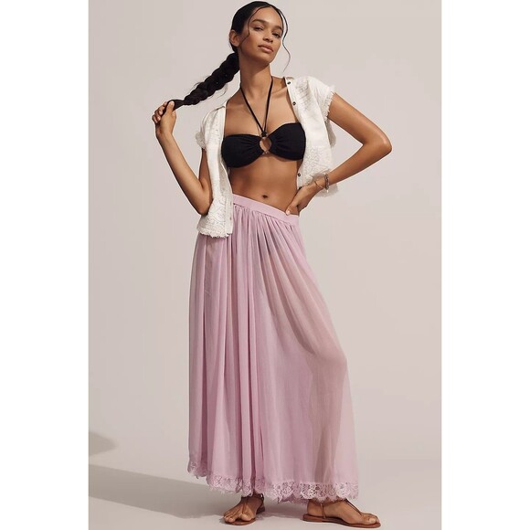 By Anthropologie Sheer Maxi Midi Skirt Floral Cutwork Lace Pull-on XL New 281276 - Picture 3 of 7